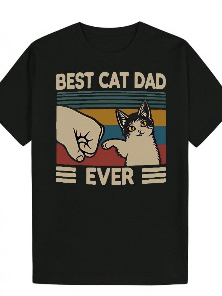 Men s Best Cat Daddy ever interesting pattern, black cotton round neck short-sleeved T-shirt with cat and paw print design. 4XL