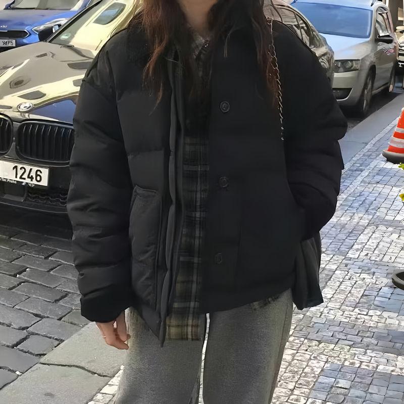 

Зимняя утолщенная свободная хлопковая куртка в студенческом стиле с маленьким воротником, повседневная короткая хлопковая куртка, женское пальто из хлопка XL чёрный