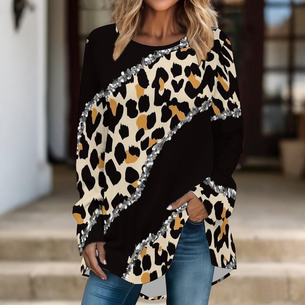 Women Long Sleeve Tunic Top Print Crew Neck Loose Fit Blouse With Pockets Casual Daily Wear Ladies Tops