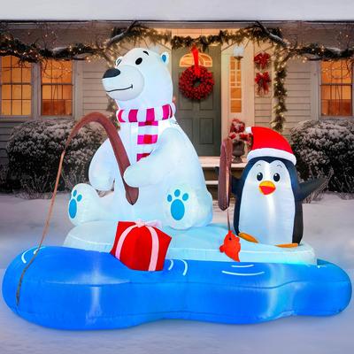 JOYFY Oso Polar Inflable Navideño de 6 pies Pescando con Decoración de Pingüino Decoración Inflable para el Jardín LEDs Integrados para Navidad