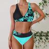 Women's Halter Two Colored Flowers Print Bikini Tankini Swimsuit