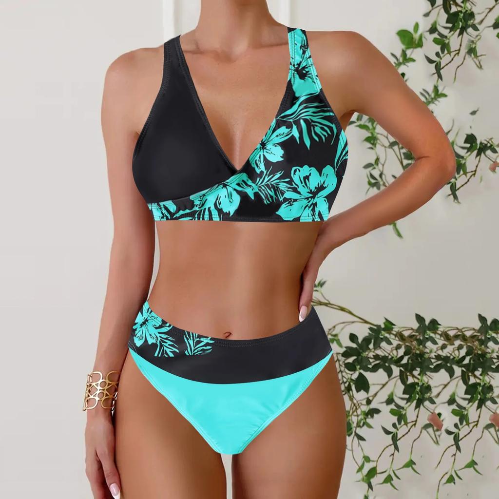 Women's Halter Two Colored Flowers Print Bikini Tankini Swimsuit
