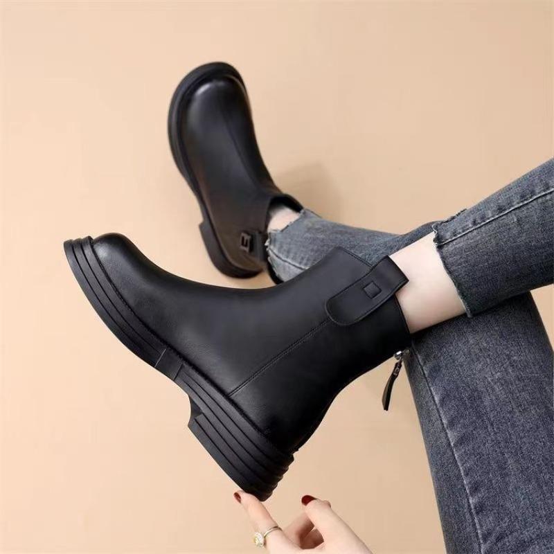 New Soft Leather Single Boot Women's Shoes, Thick-soled and Fleece Warm and Slim
