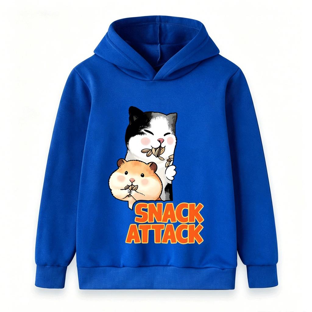 Kids Boys Girls Hoodie, Cute Cat Hamster Snack Attack Print Casual Long Sleeve Pullover Sweatshirt for Daily Wear