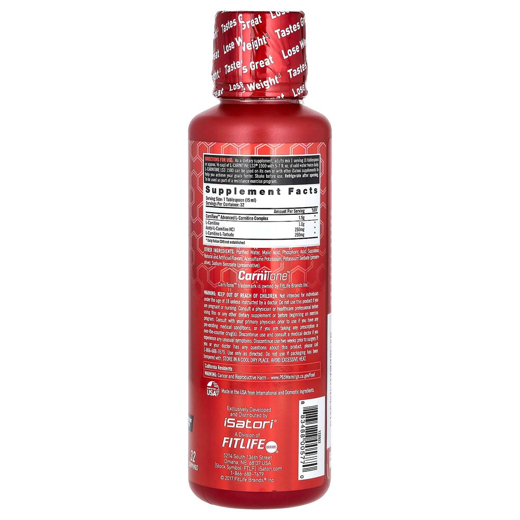 Isatori, L-Carnitine LS3 1500, Blue Raspberry, 1,500 mg, 16 fl oz (480 ml)