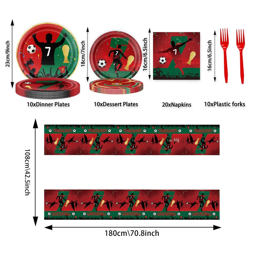 CR7 World Cup Star Fan Party Set: Plates, Cups, Napkins, Tablecloth, Banner & Decorations.