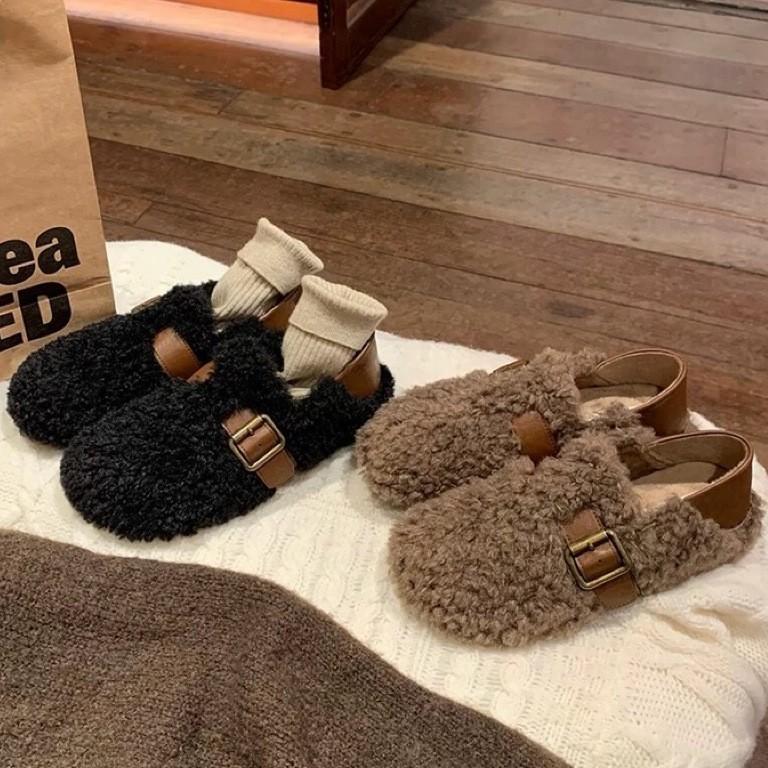 Wool~ niche color matching to keep warm can step on heels Mao Mao Birkenstock shoes women's fleece thickened metal buckle Mao Mao single shoes