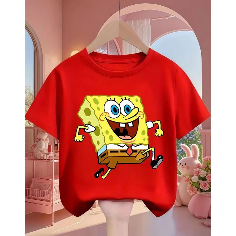 Summer Cute SpongeBob SquarePants Cartoon T Shirt 3-14Y Boys Girls Kawaii Fashion Street Hot Casual Crew Neck Kids