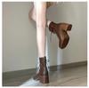 Fashion New Autumn/Winter Split Leather Women Boots Round Toe Chunky Heels Boots for Women Short Boots Zapatos Mujer Lace High Heels