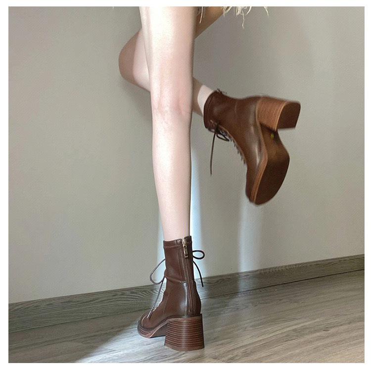 Fashion New Autumn/Winter Split Leather Women Boots Round Toe Chunky Heels Boots for Women Short Boots Zapatos Mujer Lace High Heels
