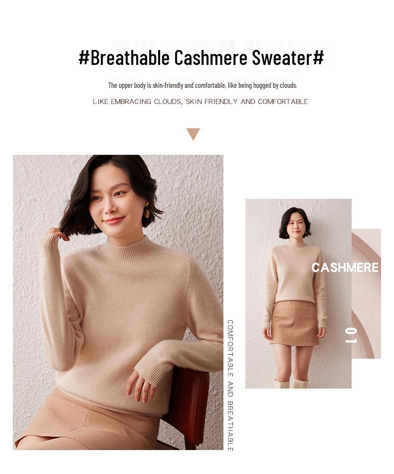 Women's Versatile Cashmere Sweater - Half-High Neck, Thick Pure Color Pullover, Loose Knit Wool Base Layer for Autumn and Winter