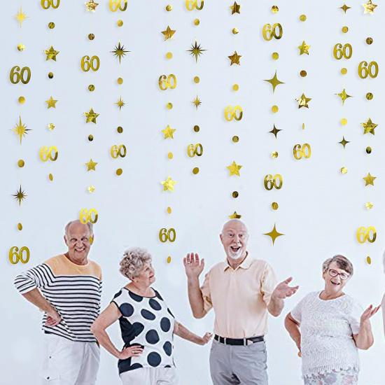 Gold 60th Birthday Decorations Number 60 Circle Dot Twinkle Star Garland Metallic Hanging Streamer Bunting Banner Backdrop for 60 Year Old Happy