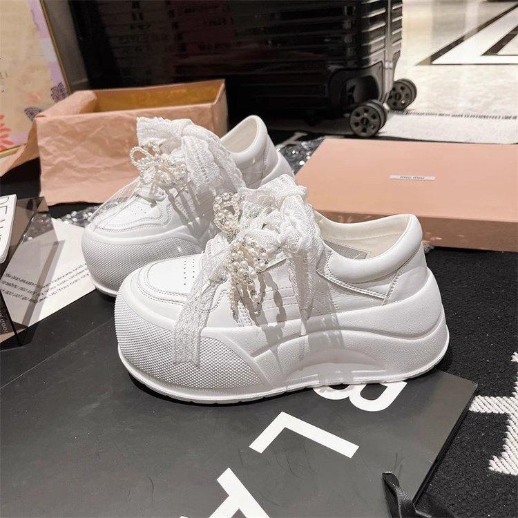 

Korean version of genuine leather big head lace bow pearl bread shoes platform muffin small 6cm casual board shoes women 35