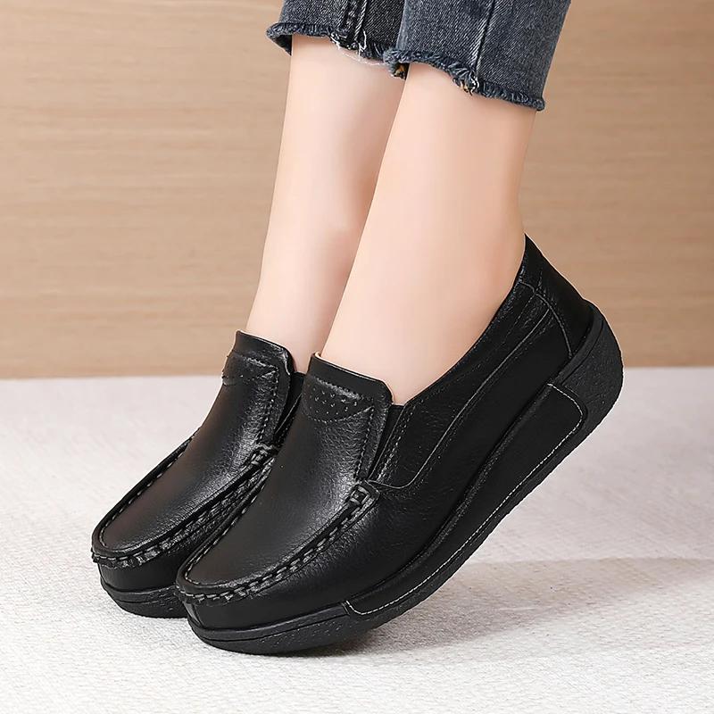 Thick Bottom Wedges Flatform Shoes Ladies Soft Non-Slip Walking Shoes Spring Fashion Genuine Leather Casual Shoes Women Autumn