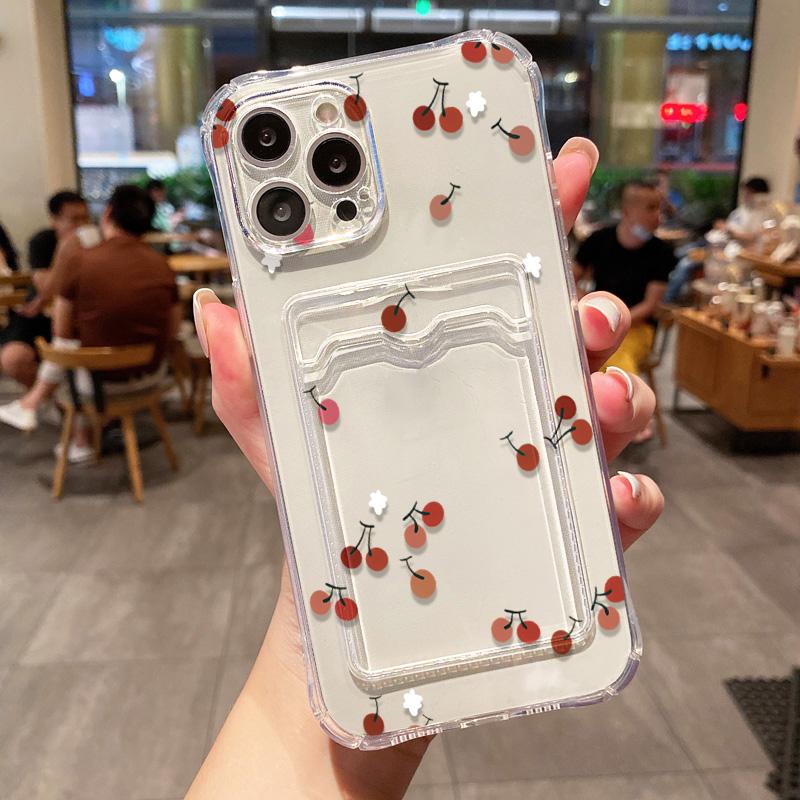 Card Holder Cherry Phone Case For iPhone 13 Funda iPhone 11 16E 16 14 15 Pro Max 12 XR X Xs 7 8 Plus SE Shockproof Silicon Cover
