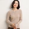 Women's Slim Fit Cashmere Sweater - Round Neck Ribbed with Diagonal Buttons, Elegant Knitwear for Autumn and Winter