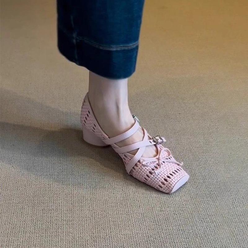 Süßer Stil Mary Jane Schuhe Damen Atmungsaktiv Gewebt Aushöhlen Kreuzband Frühling Sommer Neues Modell Koreanische Version Einzelne Schuhe