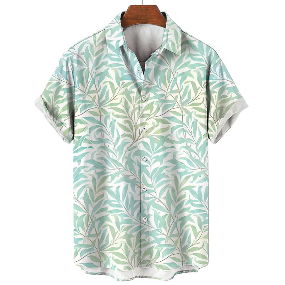 Tropical leaf print short-sleeve shirt, casual daily wear.
