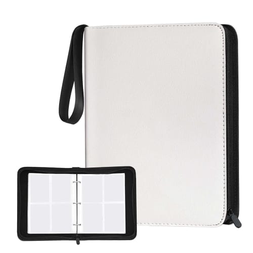 EASYLEE Card File, White, Card Binder, Sticker File, Card Sheet, 4 Pockets, 50 Pages, Holds 400 Cards, Waterproof PU Leather Cover, Portable Zipper, T