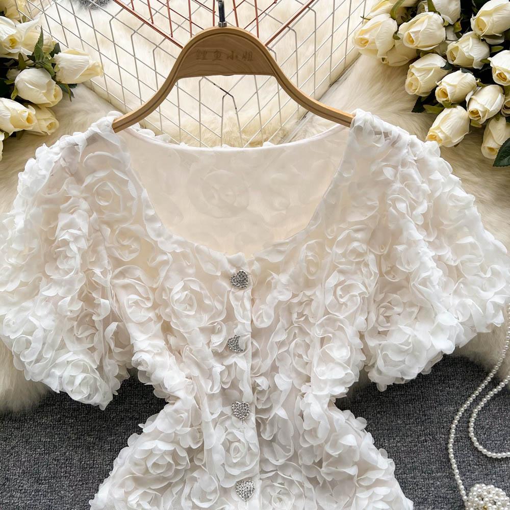 RUGOD Niche Design Sense Mesh Flower Kort Temperament-skjorte for kvinner Sommer Ny Slim Enkeltspente All-Match-topp