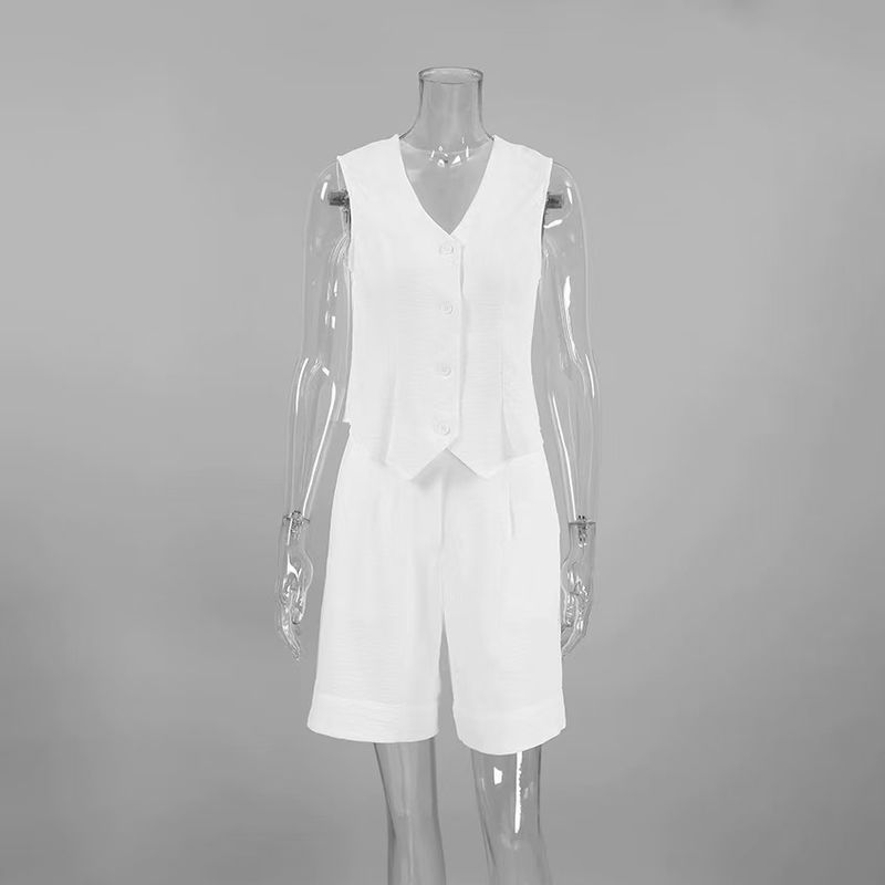 

Fashion Style New Fashion Simple V Neck Sleeveless Vest Shorts Suit V-Neck Vest Shorts Set White L