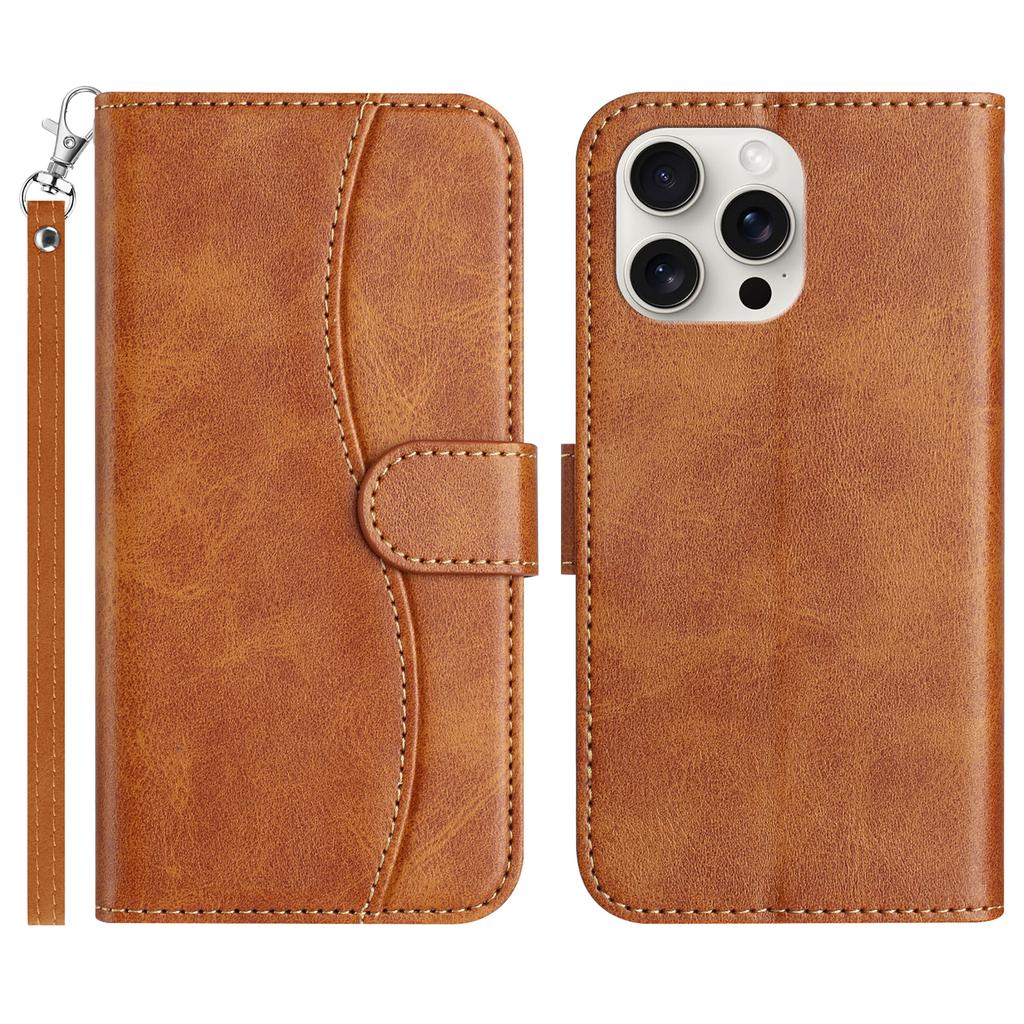 For iPhone 16 Pro Stand Case with Strap PU Leather Wallet Phone Cover S Shape Stitching Design