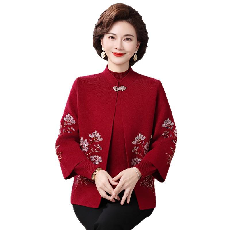 Mom's 2025 Autumn/Winter Knitted Cardigan with Embroidery for Middle-Aged and Elderly Women