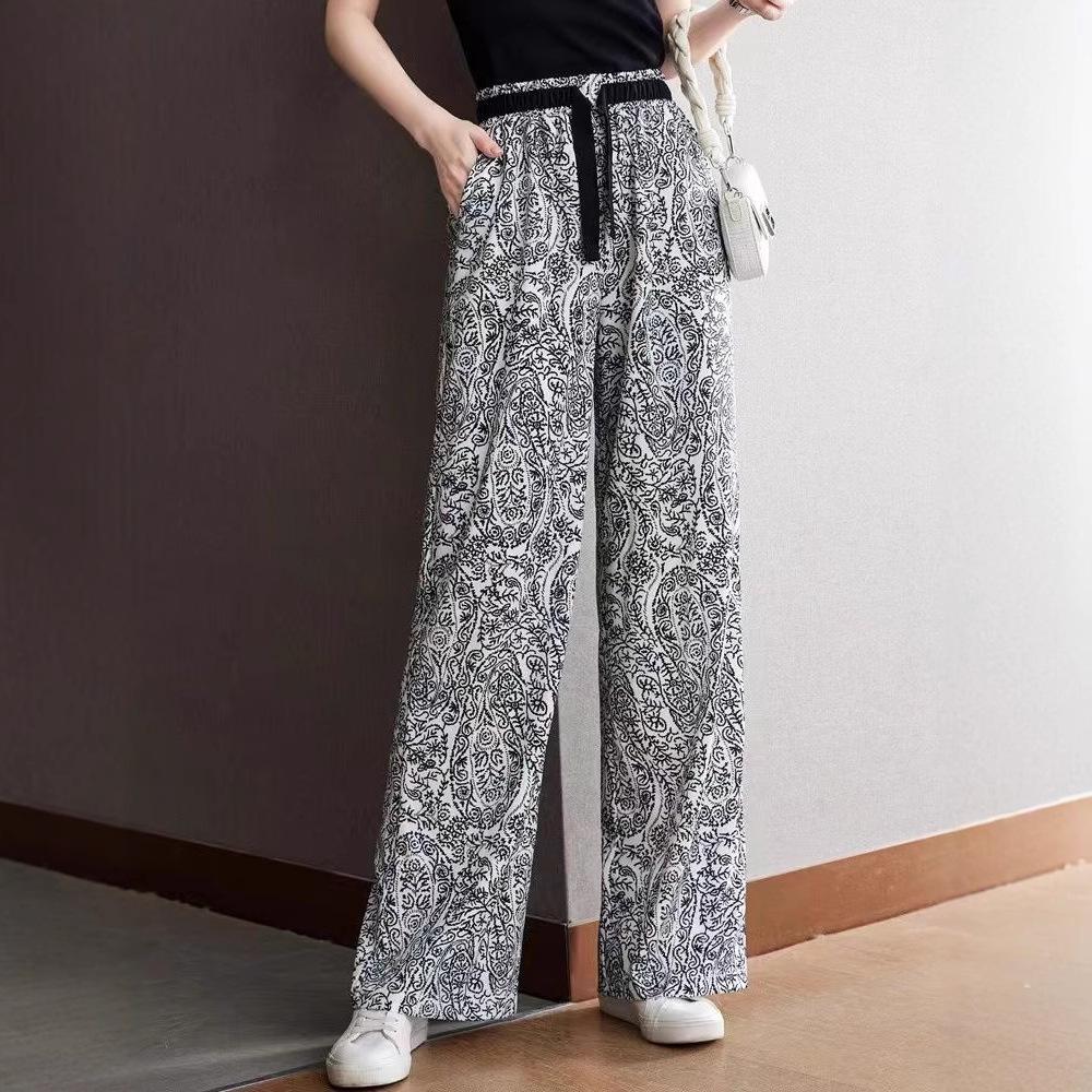 Spring and Summer Korean Style Casual High Waist Droop Chiffon Ink Wide-leg Pants for Women Sanya Pants Ice Silk Trousers
