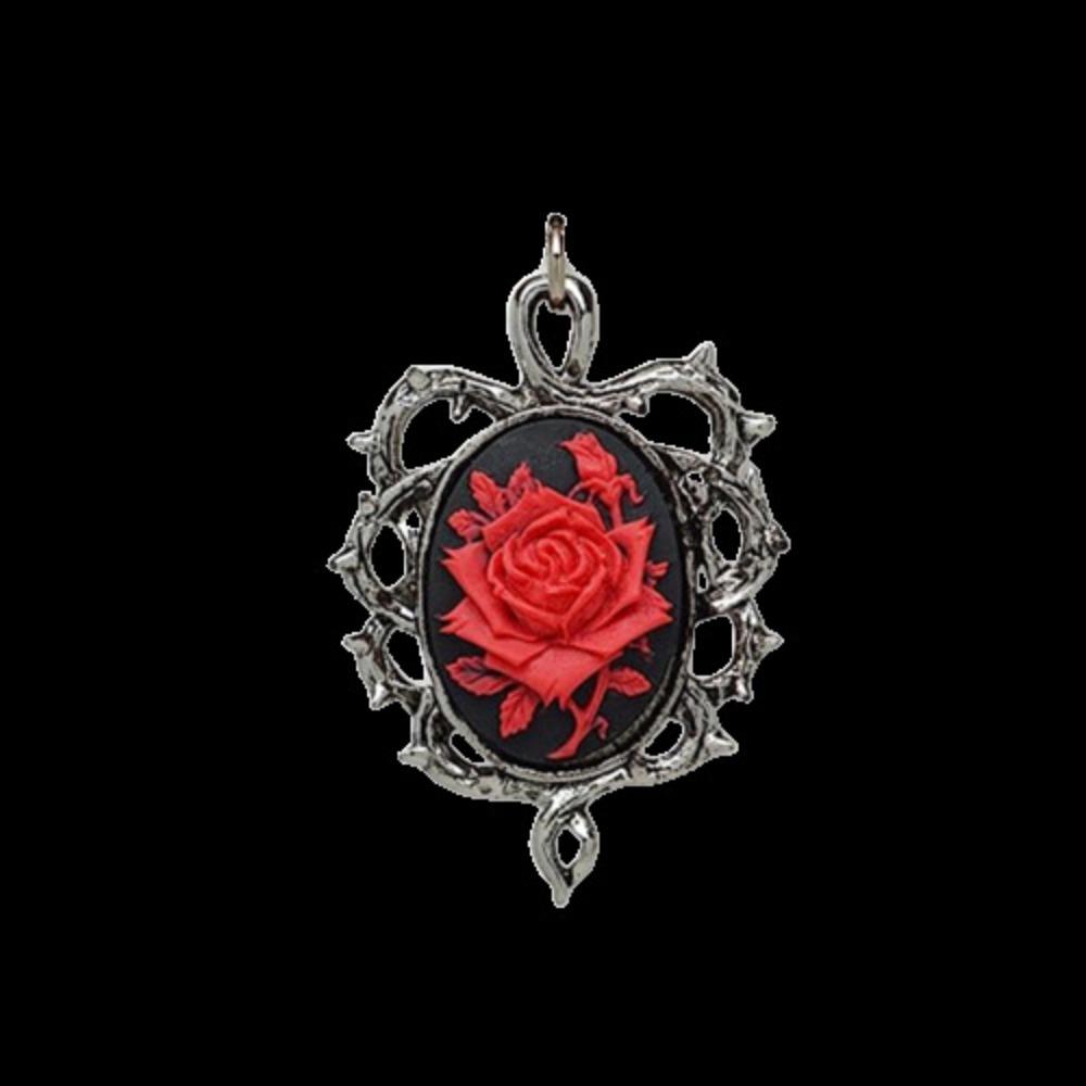 Fashion Gothic Red Rose Cameo Sliver Color Oval-shaped Thorny Frame Pendant Necklace for Women Halloween Retro Charm Jewelry