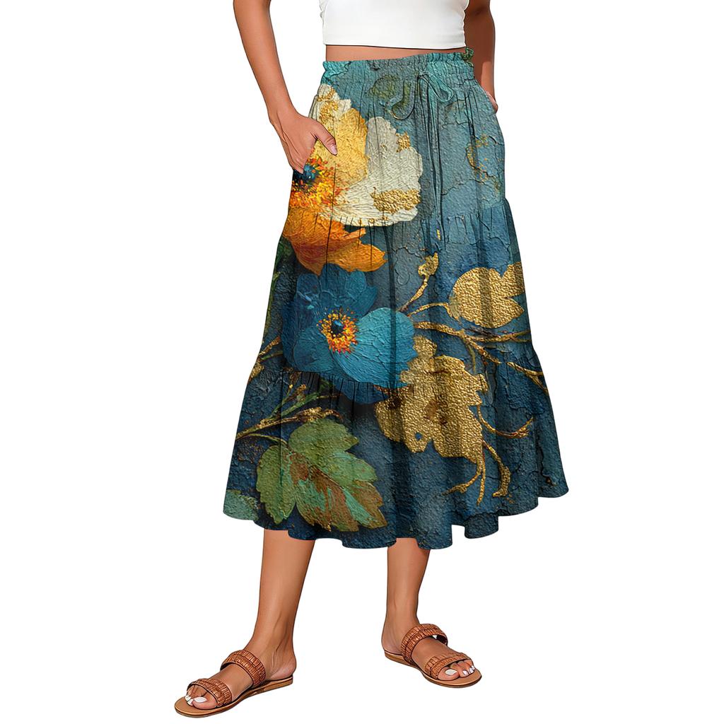 Womens Maxi Skirt Drawstring High Waisted Summer Long Skirts Lightweight Tiered Flowy Floral Pleated Skirts