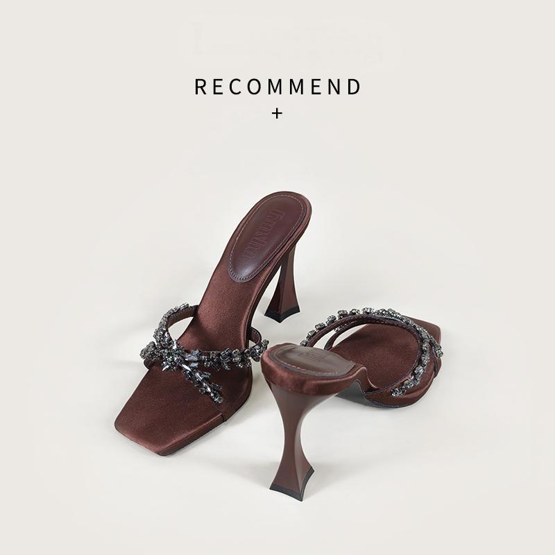 2025 Summer European and American Satin Thin Heel Cross Rhinestone Square Head Open-toed Sandals Women's High-heeled Slippers Fashionable and Sexy