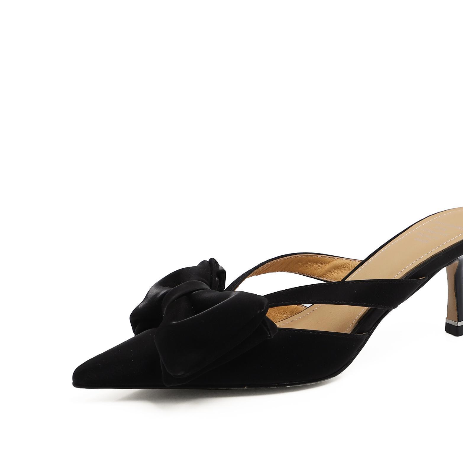 

Корейская версия Sweet Bow, полная кожаная верхняя одежда, тапочки, весенне-летние пустые сандалии Baotou на шпильке с острым носком из воловьей кожи 39 чёрный