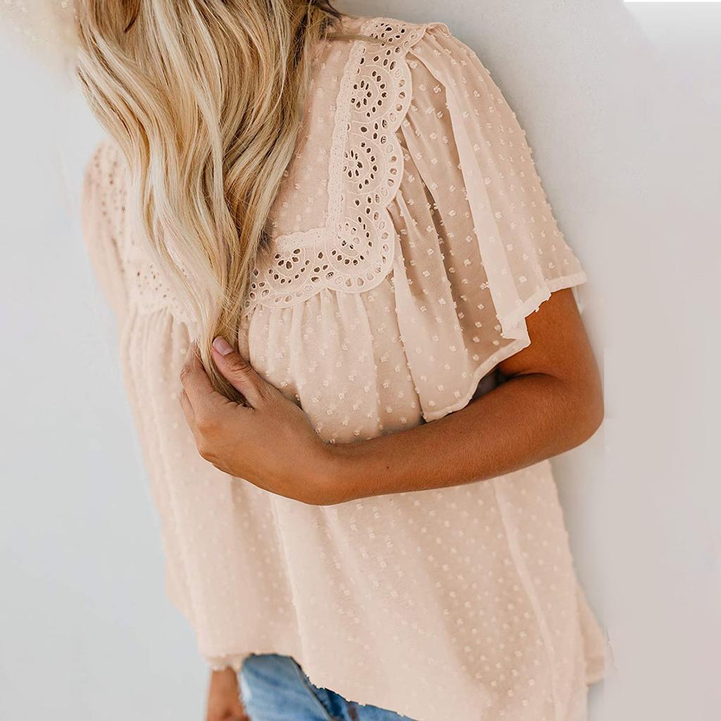Women Fashion Lace Short Sleeve Casual T-shirt Round Neck Loose Top