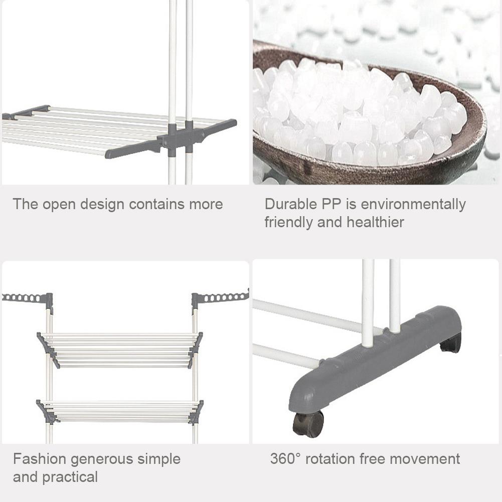 4-Tier Folding Drying Rack Clothes Rail Storage Rack with 4 Castors W/ 4 Drying Poles and Two Side Wings for Clothing Bed Linen