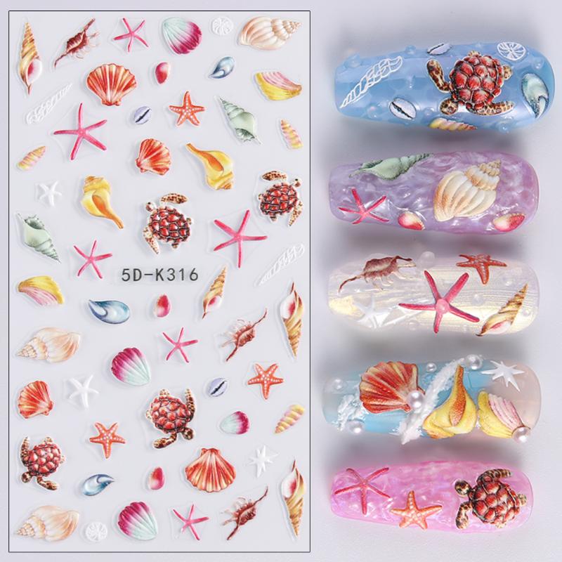 Summer Beach Jellyfish Nail Stickers Colorful Shell Starfish Conch Fish Adhesive Embossed Decals Manicure Foils for Decor