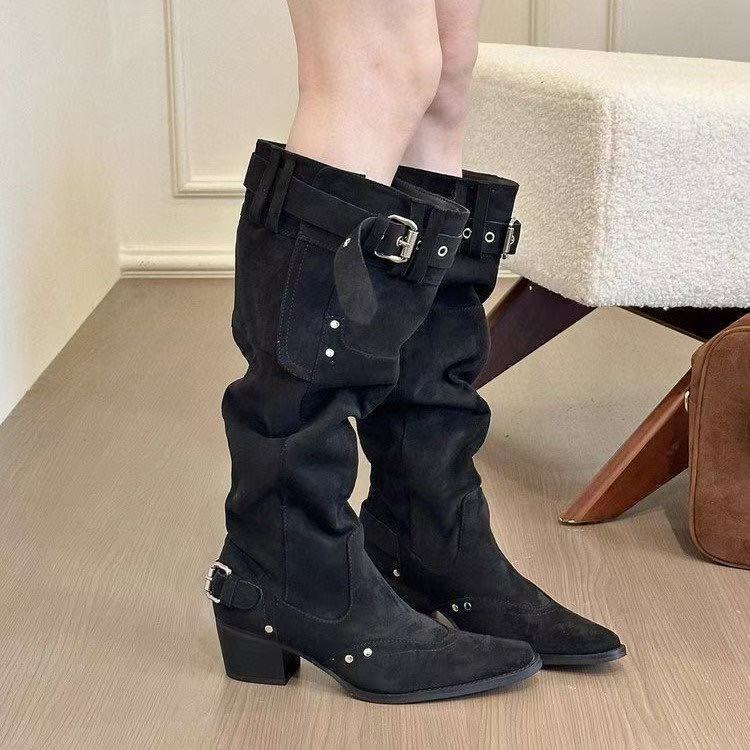 Kendou Spice Girls! Retro suede square head big tube stacked boots women's autumn and winter belt buckle thick heel boots