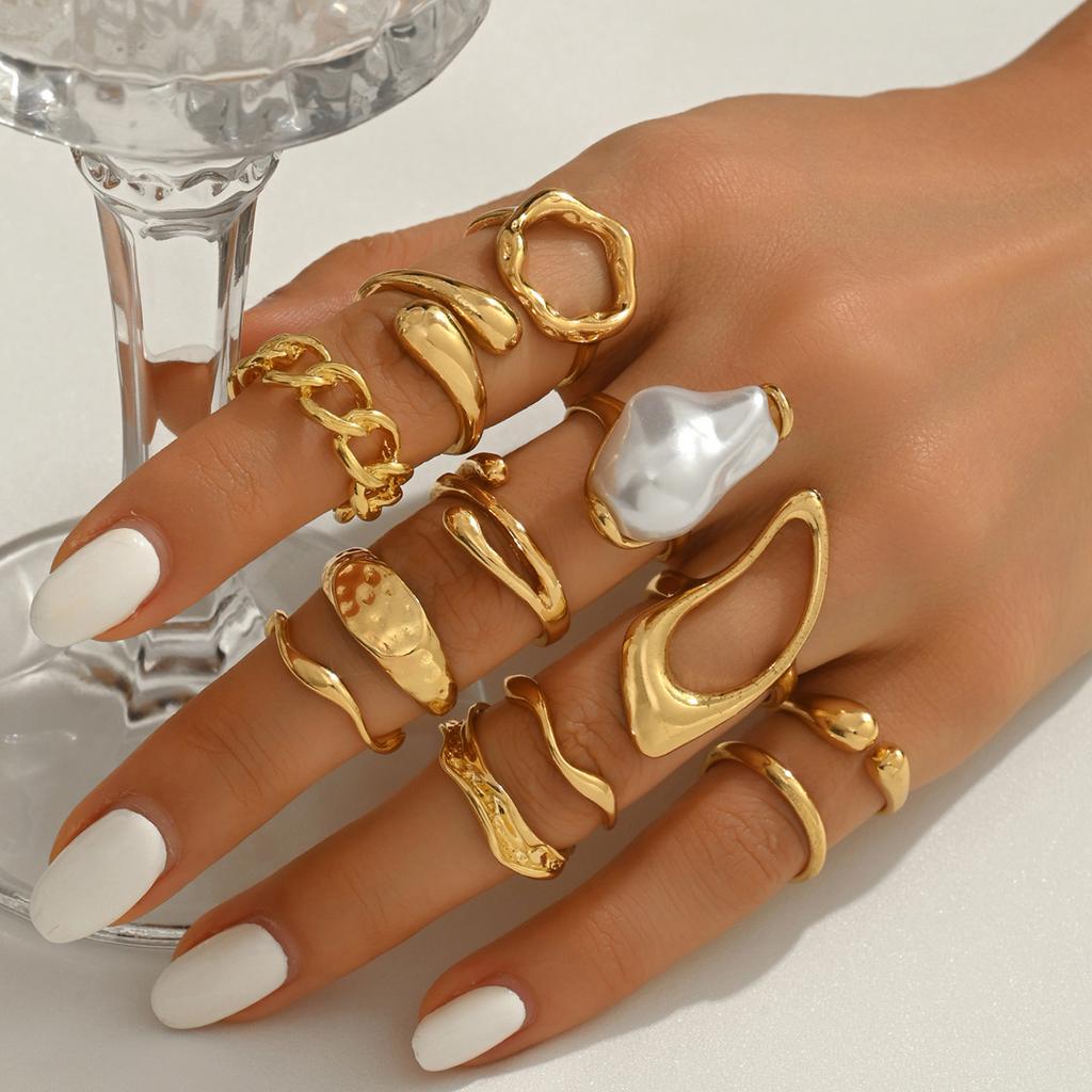 Hot Sale Women's Ring Set Geometric Inlaid with Special-Shaped Pearl Design Open Ring