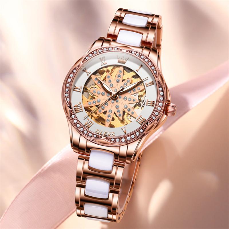 OLEVS Brand Rose Gold Ceramics Automatic Mechanical Women Watch Fashion Ladies Rhinestone Skeleton Luxury Watches Reloj Mujer
