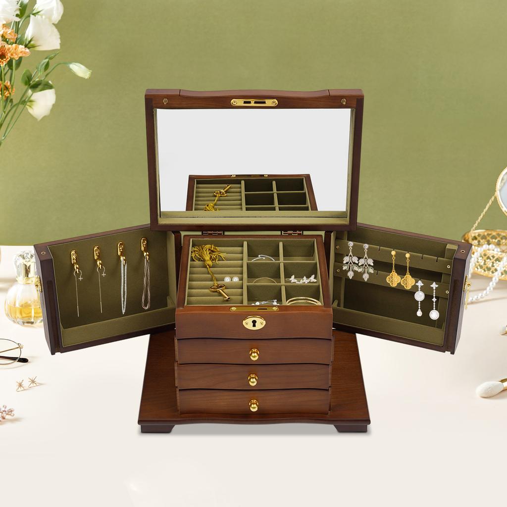 Bymaocar 4-layer Solid Wood Lockable Jewelry Box, Compact Jewelry Storage Cabinet with 3 Drawers and Double-sided Compartments