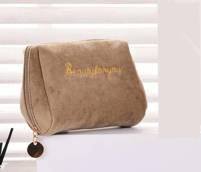 Women's Cosmetic Bag Zipper Velvet Letter Embroidery Solid Make Up Pouch for Cosmetics Toiletry Case Female Make Up Bags