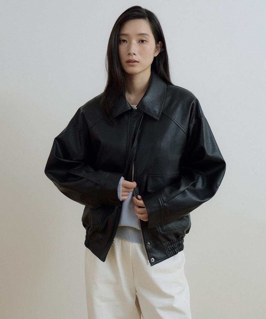 LINGSEOUL Out Pocket Leather Blouson-Black