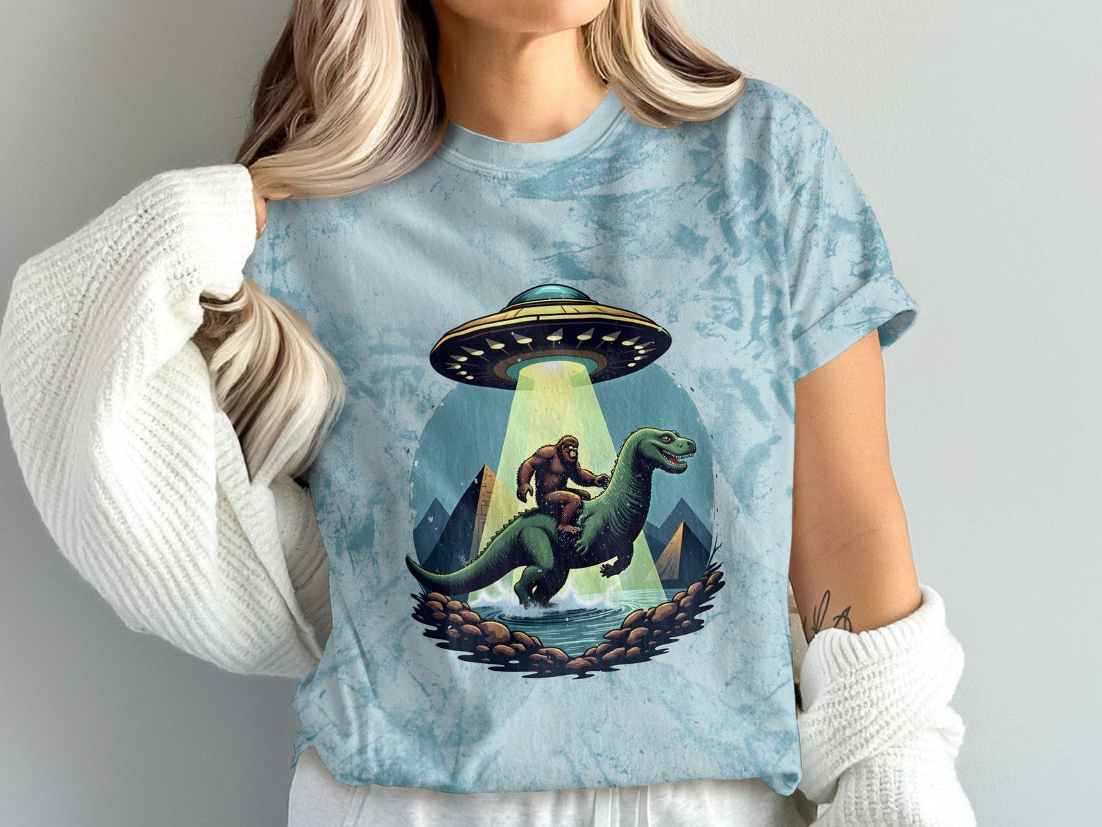 Funny UFO Bigfoot Loch Ness Monster T-Shirt, Alien Spaceship Sasquatch Tee, Unique Dinosaur and Bigfoot Graphic Tee, Sci-Fi Adventure Shirt 3XL