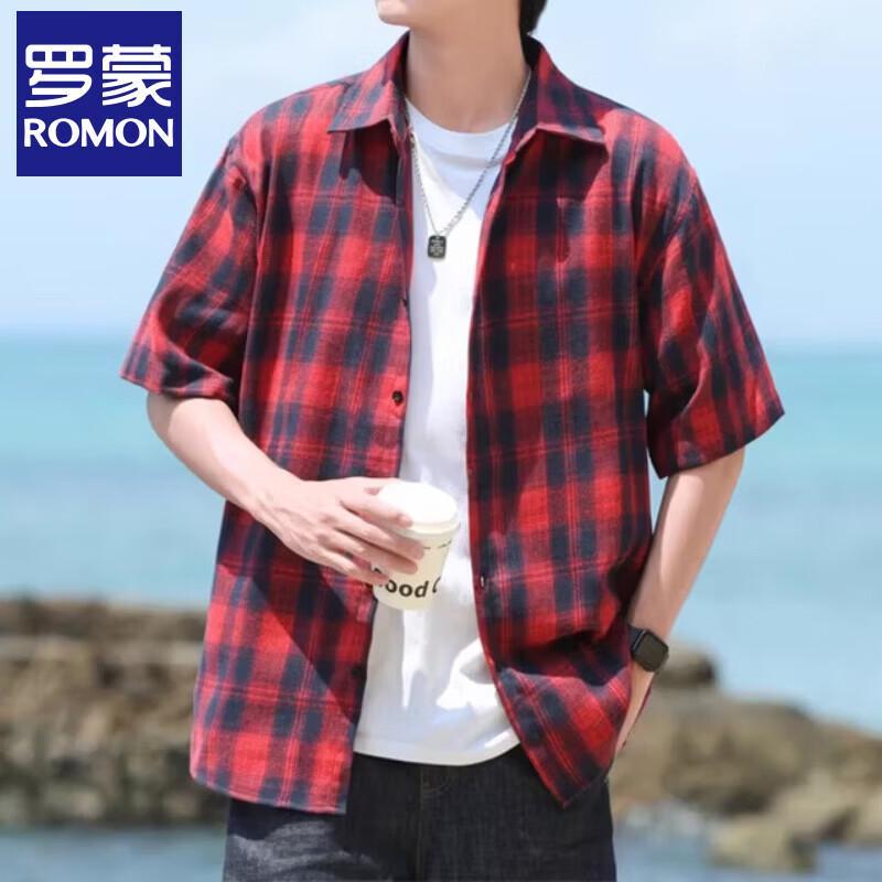 

Romon Men s Plaid Short-Sleeve Casual Shirt 3XL