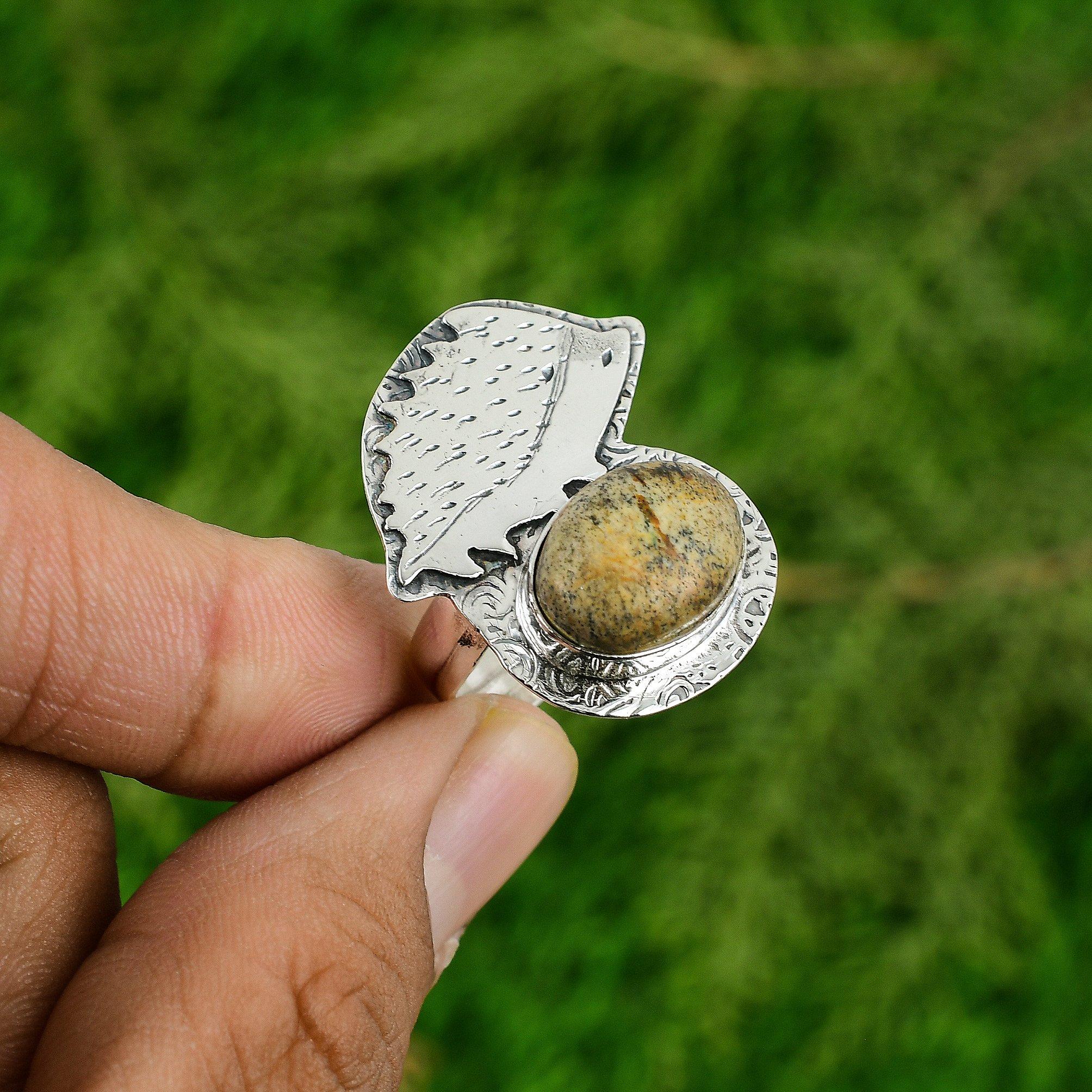 

925 Sterling Silver Oval Picture Jasper Gemstone Bezel Promise Daughter New Ring Adjustable