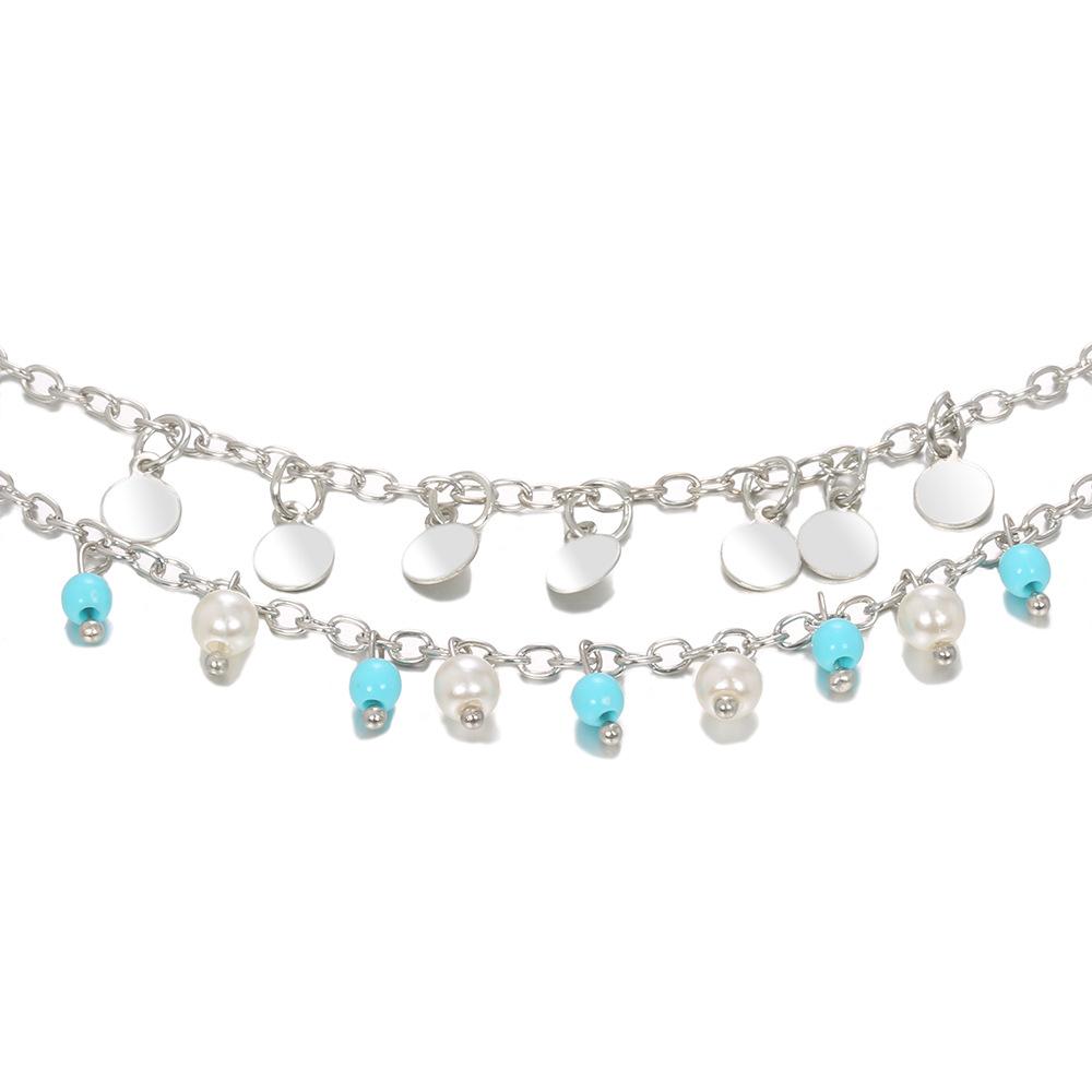 Exclusive For Foot Accessories, Fashionable Personalized Turquoise Pearl Disc Small Pendant Double Anklet