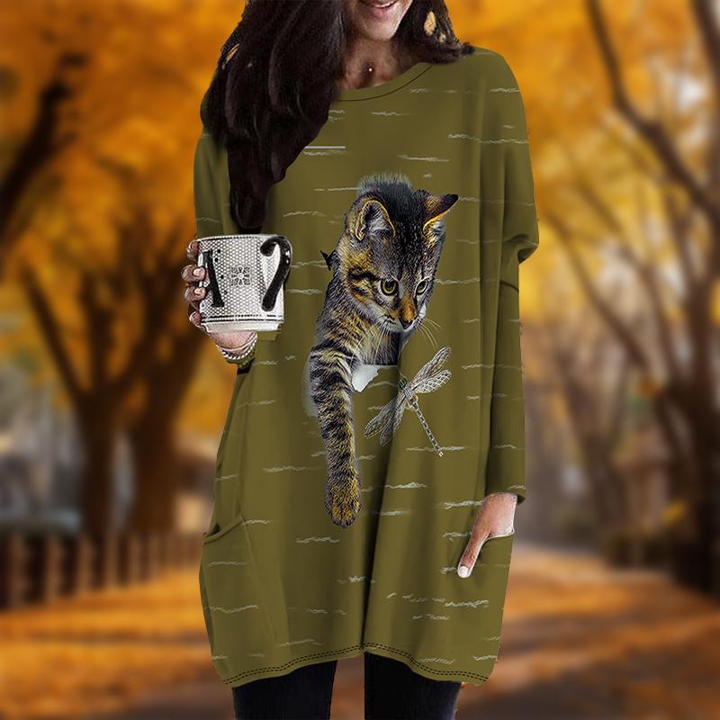 New In Autumn Cat Dragonfly Print Plus Size Dress Women O'neck Long Sleeves Casual Pocket Dresses