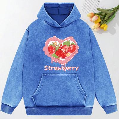 Heart Strawberry Print Washed Hoodie Women Y2K Comfortable Pocket Streetwear Fashion Hoody Hip Hop Cotton Clothing