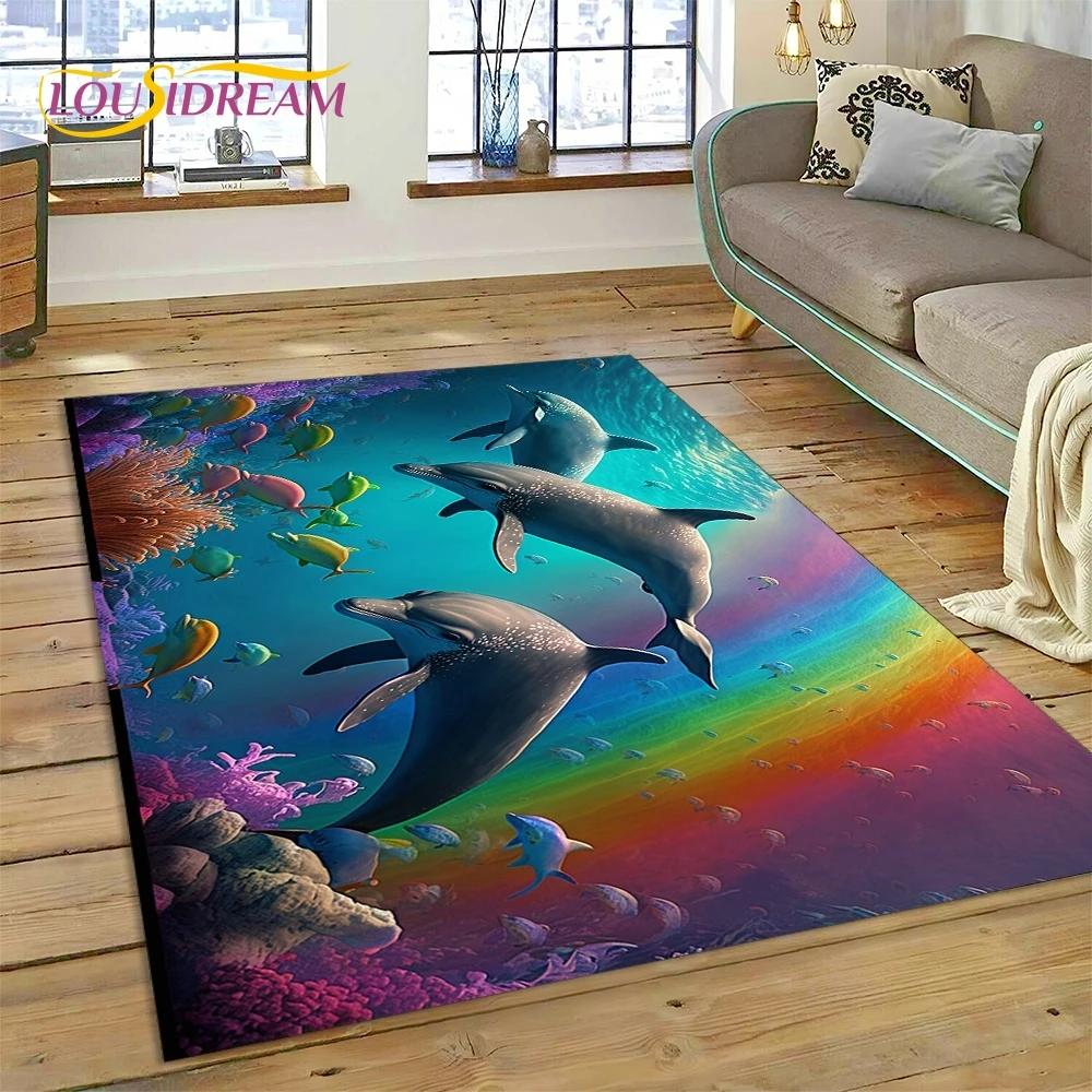 3D Podmořský svět Mořské dno Kreslený koberec s delfínem Koberec pro obývací pokoj Ložnice Domácí dekorace, Protiskluzová dekorace na pohovku Dárek Dítě