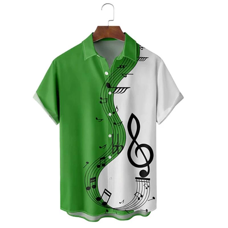 Camicia da Uomo a Maniche Corte con Stampa Note Musicali, Splicing Bicolore Leggera Estiva Casual Button Down