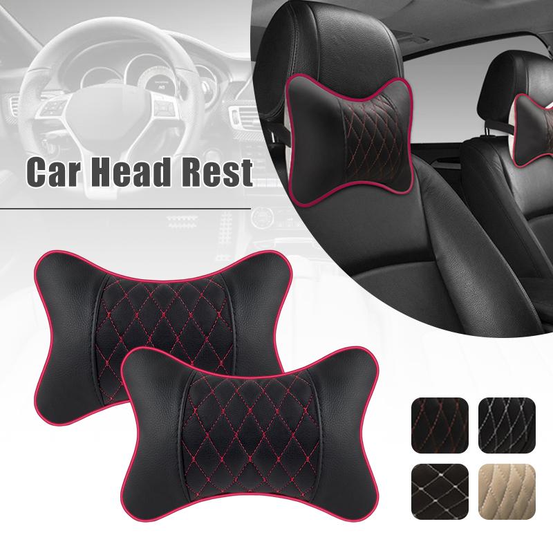 2pc Luxury Car Headrest Neck Pillow Pu Leather Quilted Plaid Soft Comfortable Breathable Pillow Cushion Car Interior Accessories